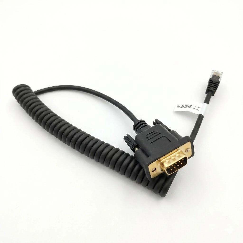 4P4C to DB9 industrial spiral wire harness with black TPU coiled cable for flexible serial communication-1