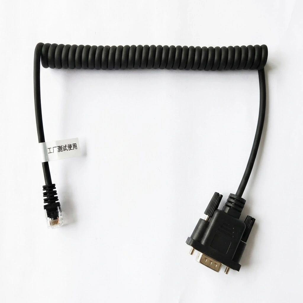 4P4C to DB9 industrial spiral wire harness with black TPU coiled cable for flexible serial communication.