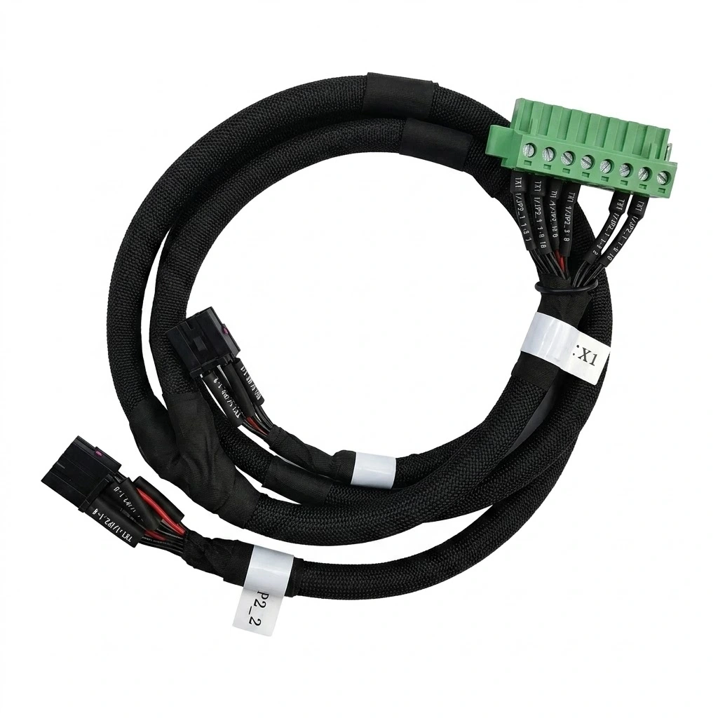 8-pin 2EDGK-5.08mm wire harness with black nylon braided sleeving and dual-screw mounting ears for industrial control cabinets.