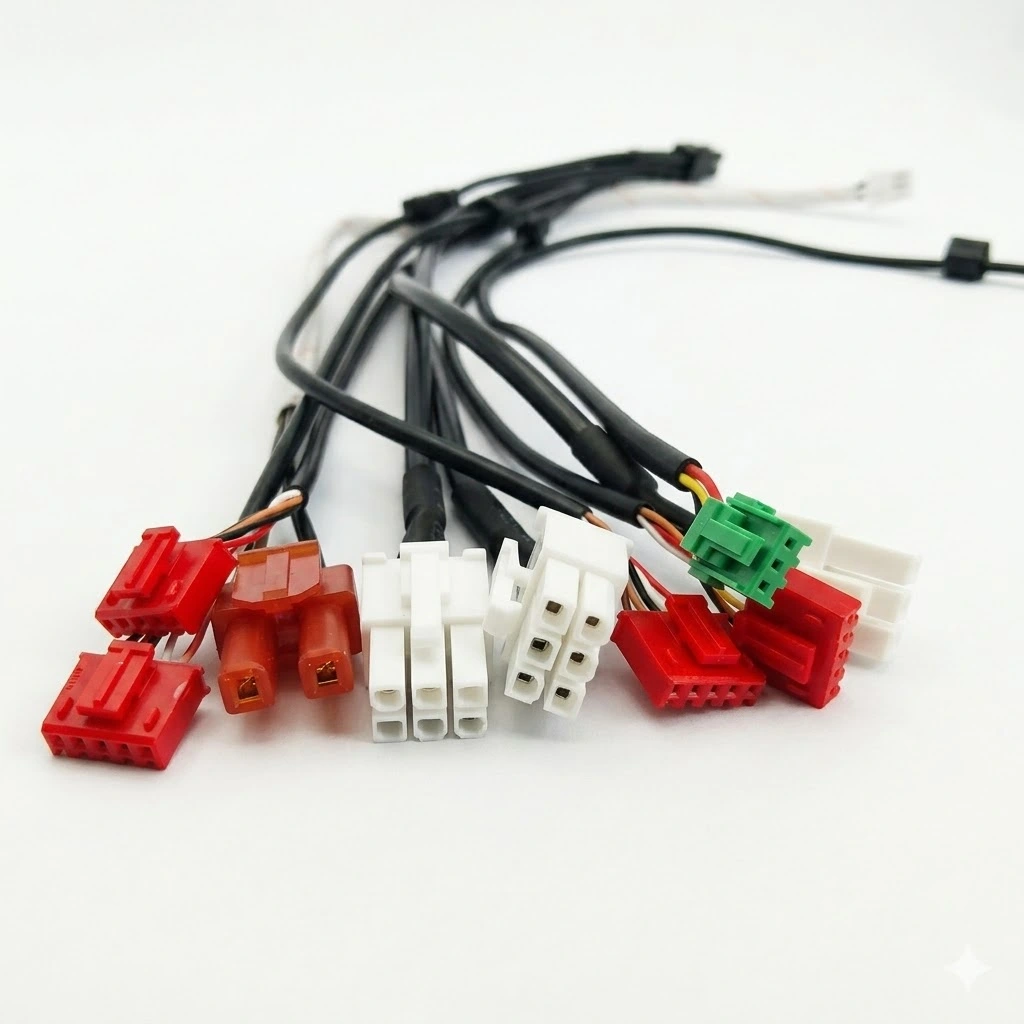 Custom multi-color JST industrial control wire harness with various pin configurations for automation equipment.