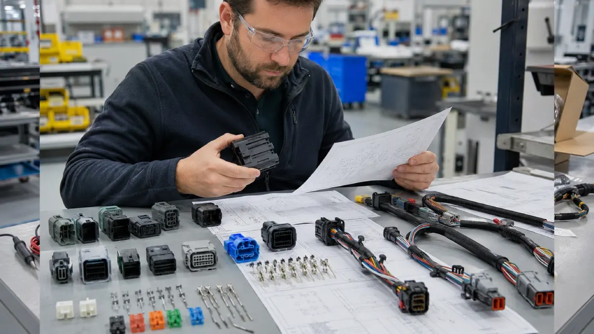 Custom wire harness connectors and terminals being reviewed with drawings before OEM production approval