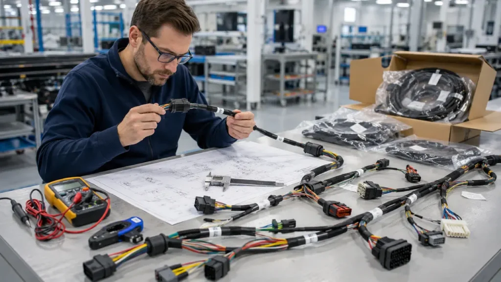 Engineer reviewing a custom wire harness with drawings testing tools connectors and packaging before OEM production order