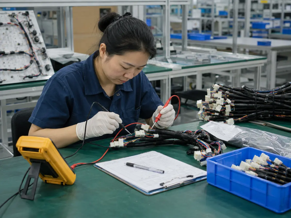 Engineer reviewing OEM wire harness samples with drawings connectors and testing tools before mass production