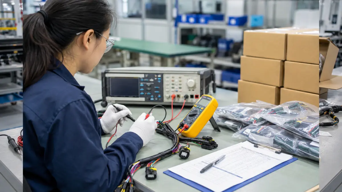 Quality inspector testing and packaging custom wire harness assemblies before bulk order shipment