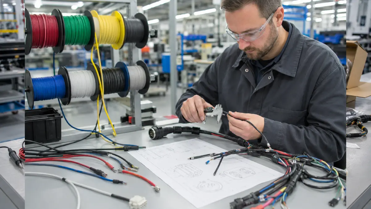Engineer checking wire gauge and material specifications for a custom wire harness before ordering