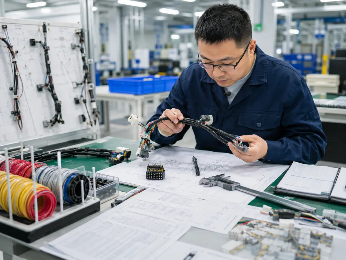Engineer reviewing OEM wire harness samples with drawings connectors and testing tools before mass production