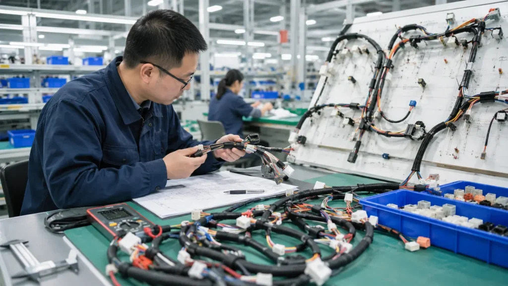 Engineer inspecting custom wire harness assemblies in an OEM wire harness manufacturing factory for quality control and production approval