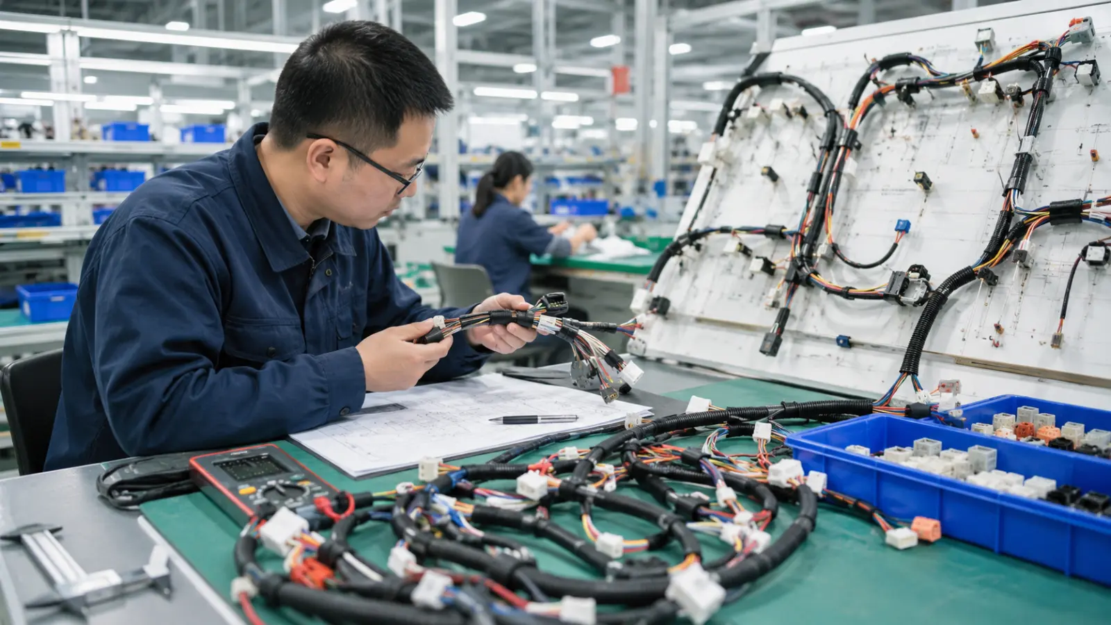 Engineer inspecting custom wire harness assemblies in an OEM wire harness manufacturing factory for quality control and production approval