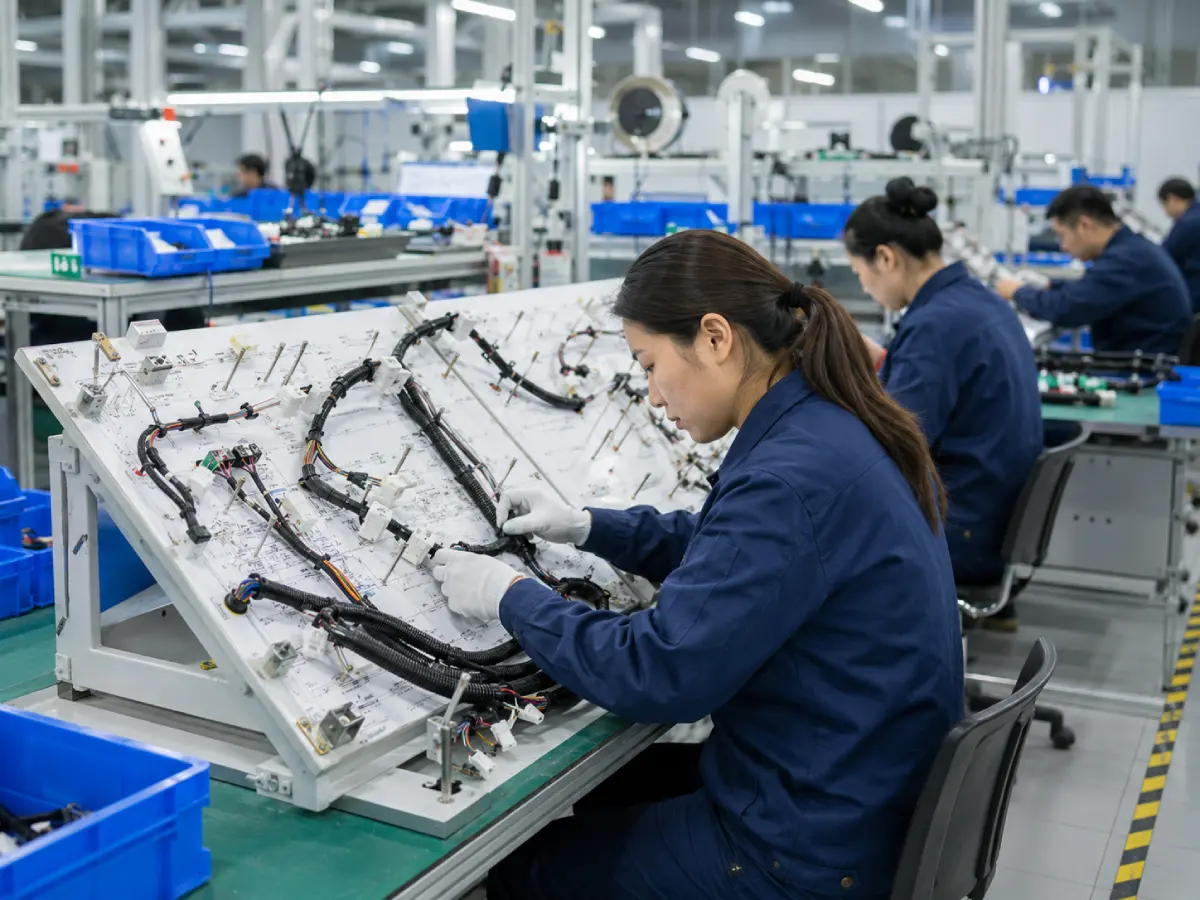 Wire harness manufacturer production line with workers assembling custom cable harnesses for OEM projects