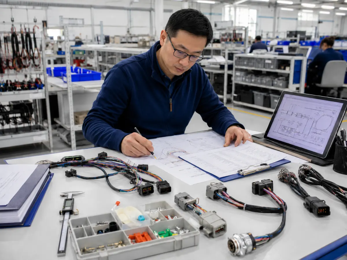 Engineer preparing a wire harness RFQ checklist with drawings BOM documents connectors and harness samples for factory quotation