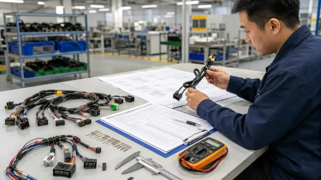 Engineer reviewing wire harness RFQ details with drawings connectors testing tools and harness samples for accurate factory quotation
