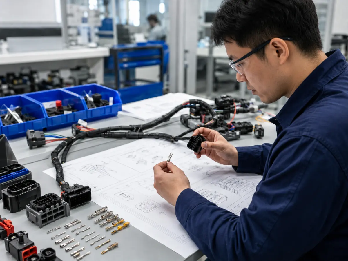 Engineer reviewing wire harness connectors terminals pinout drawings and approved alternatives before requesting a factory quote
