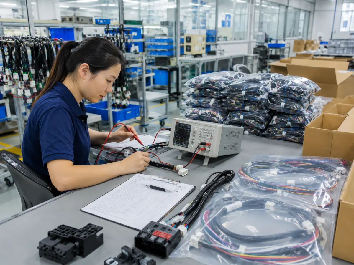 Quality technician testing wire harness assemblies with inspection records packaging bags and cartons before OEM shipment